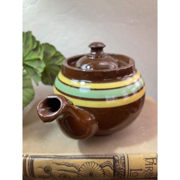 Vintage ALB Pottery Brown Betty Individual TEAPOT Yellow Green Stripes Made in E - Picture 3 of 7